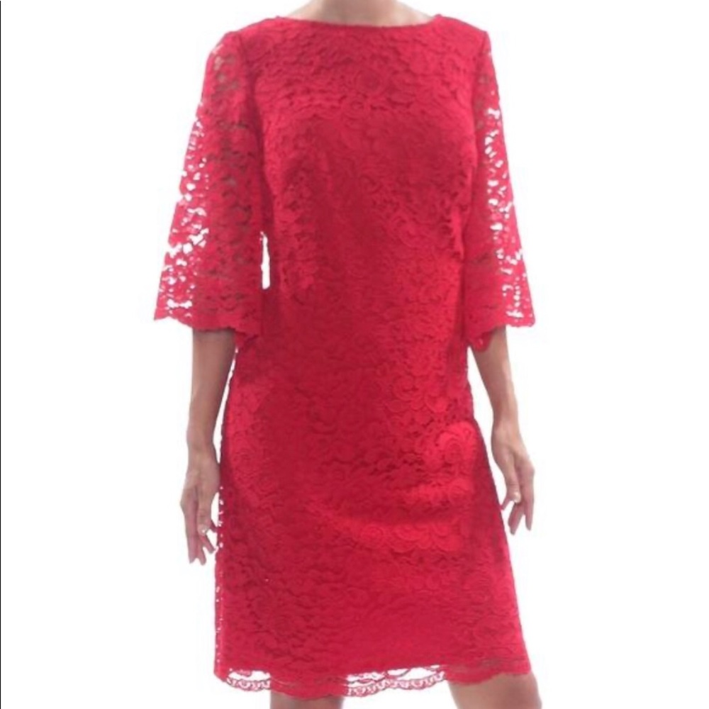 Lauren Ralph Jillias Lace Jewel Neck Dress Red